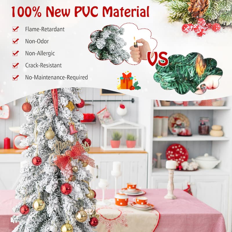 Gymax 4/5/6 FT Pre-Lit Artificial Christmas Tree Snow-Flocked Slim
