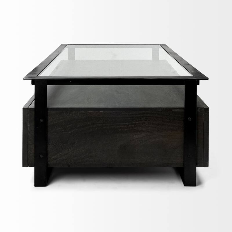 Vidro Glass Top w/ Black Solid Wood Drawers & Black Iron Frame Rectangular Coffee Table