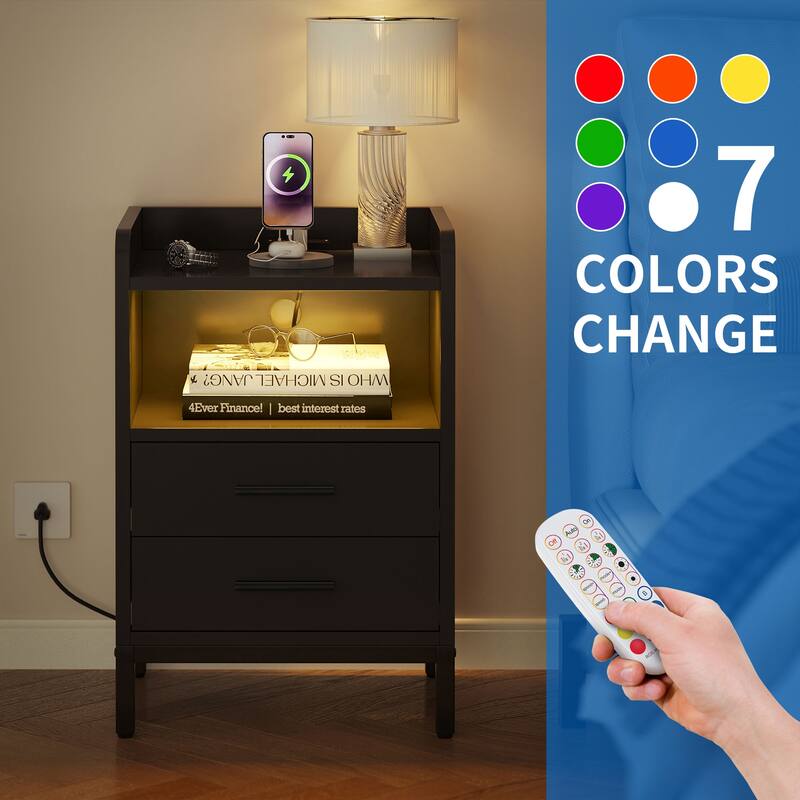 Moasis Modern LED Nightstand Set of 2 with Drawer and Storage Shelf, Bedside Table with Charging Station