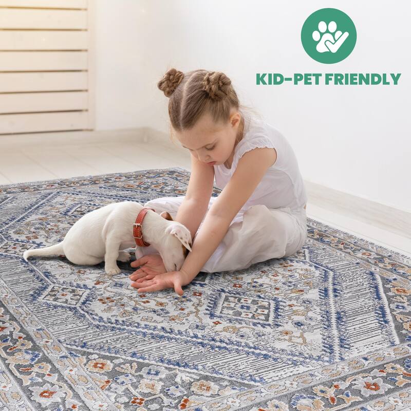 LOOM & LUXE Collection 2X8 Blue/Cream/Bordered Non-Shedding Area Rug - 96" D x 26" W x 0.35" H