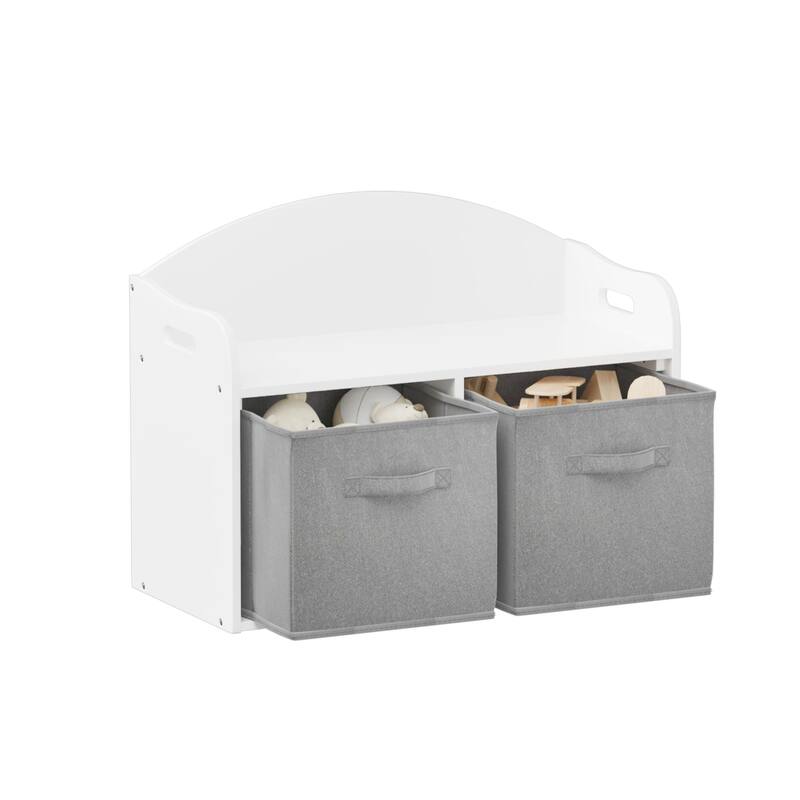 Anmytek White Storage Bench with Fabric Bins Kids Toy Organizer Entryway Seating