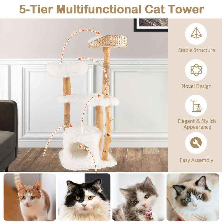 Solid Wood Cat Tower with Top Cattail Basket Cat Bed for Indoor Cats-White - Natural-White - 19" x 19" x 49"