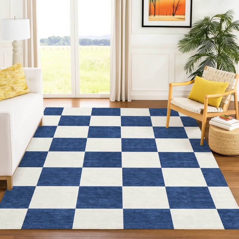 Machine Washable Indoor/ Outdoor Modern Checker Chantille Rug
