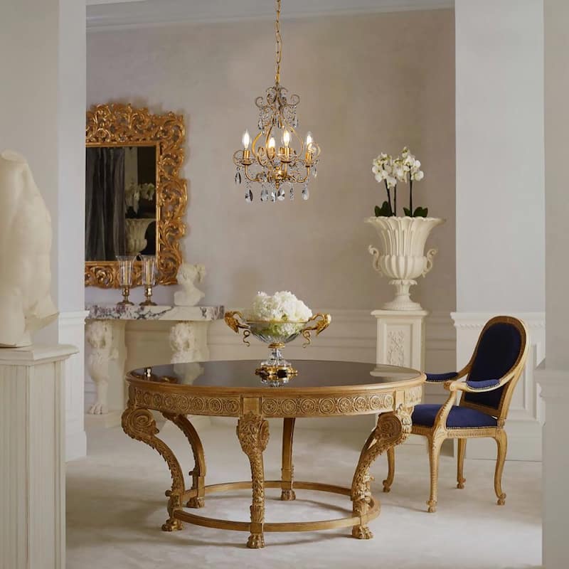 4-Lights Antique Gold Candlestick Chandelier 13in. Pendant Light with Crystal Teardrop Beads - 13 inches