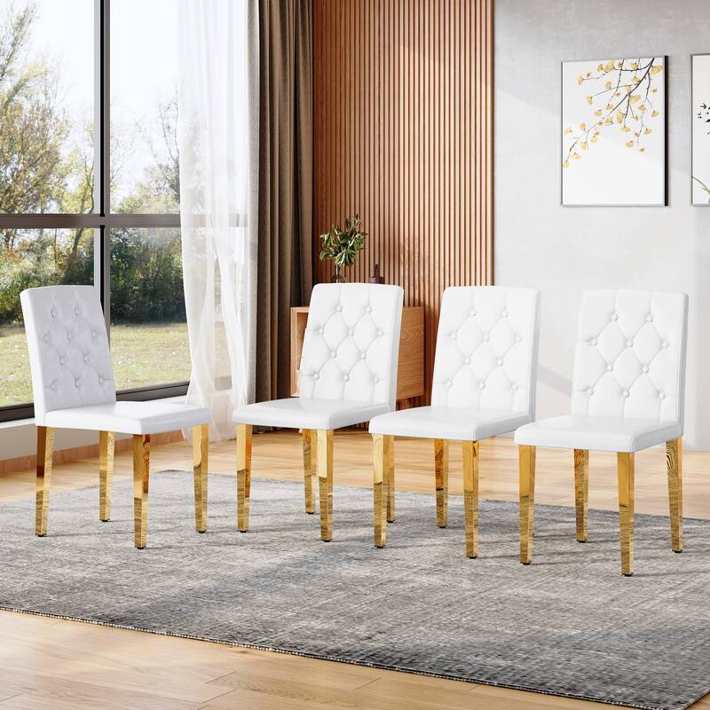 Set Of 4, PU Dining Chairs: Ergonomic Buckle Backrest, 35 Inches High, Golden Metal Legs, Combines Comfort And Texture