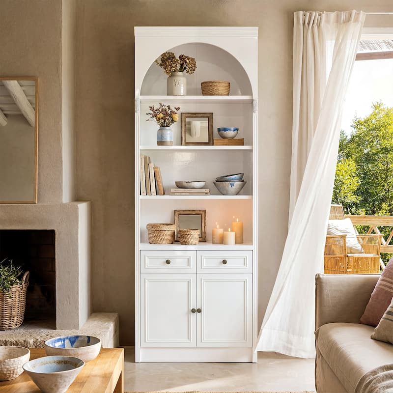 Modular White Bookcase with LED Lights & Glass Doors, 86.6" Tall Arched Display Cabinet Solid WoodStorage Cabinet