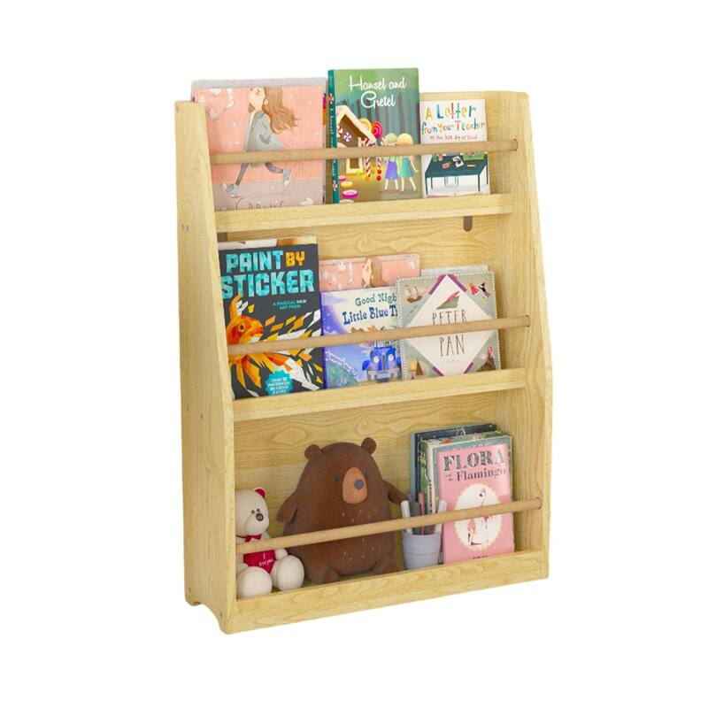 Anmytek 3-Tier Kids Wall Bookshelf with Slanted Front & Guardrails, Pastel Finish Wooden Display for Bedroom