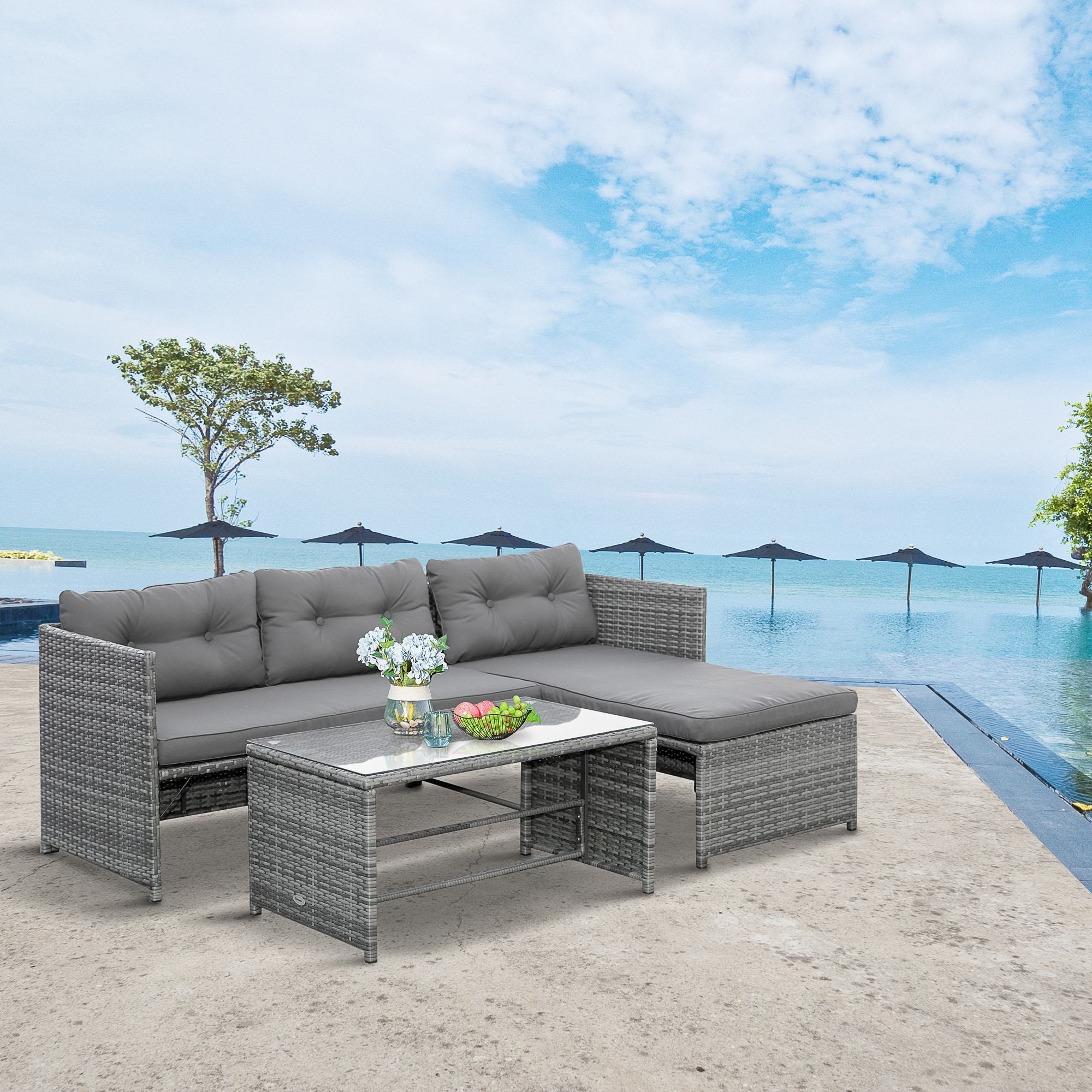 Outsunny 3 Piece Outdoor Rattan Wicker Patio Sofa and Chaise Lounge Set