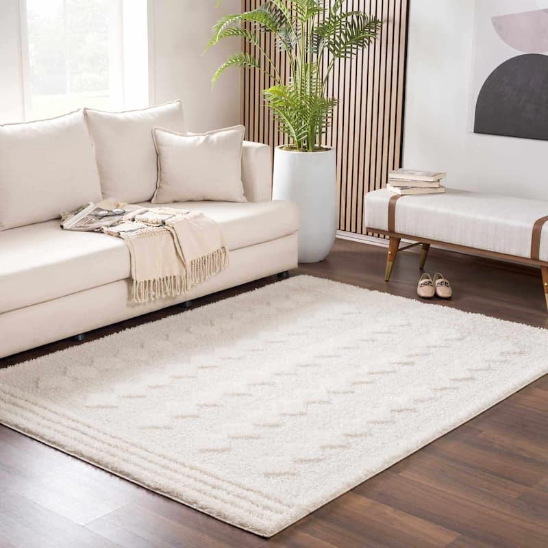 Hauteloom Hija Living Room, Bedroom Area Rug - Plush Pile - Beige, White - 2' x 3'