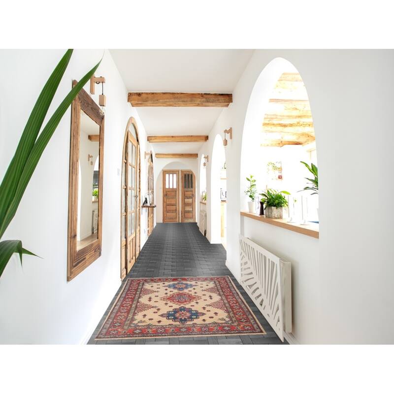 Kazak Accent Rug Handmade Geometric Beige Wool Carpet - 3'5" x 5'0"