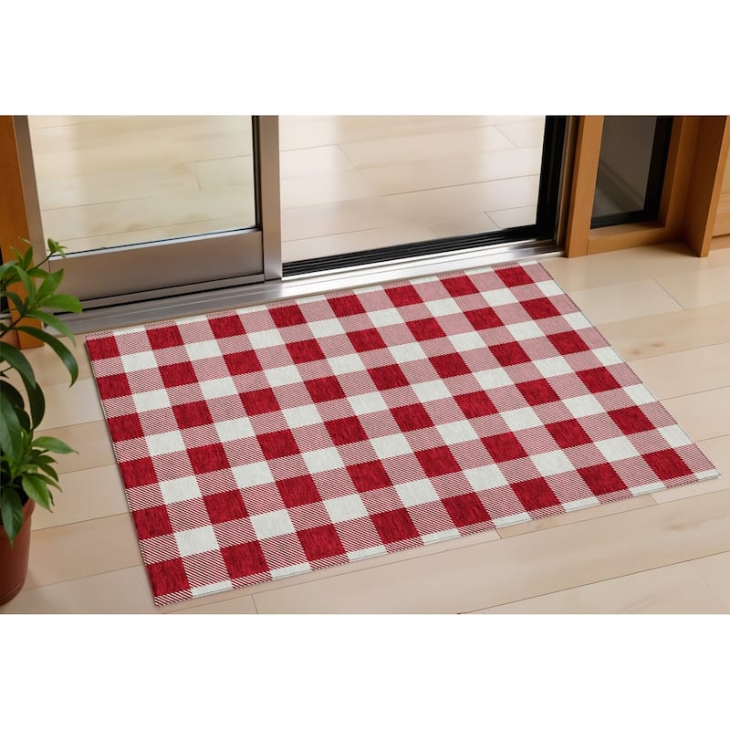 HomeRoots Plaid Transitional Rectangle Outdoor Rug - 3' x 5'