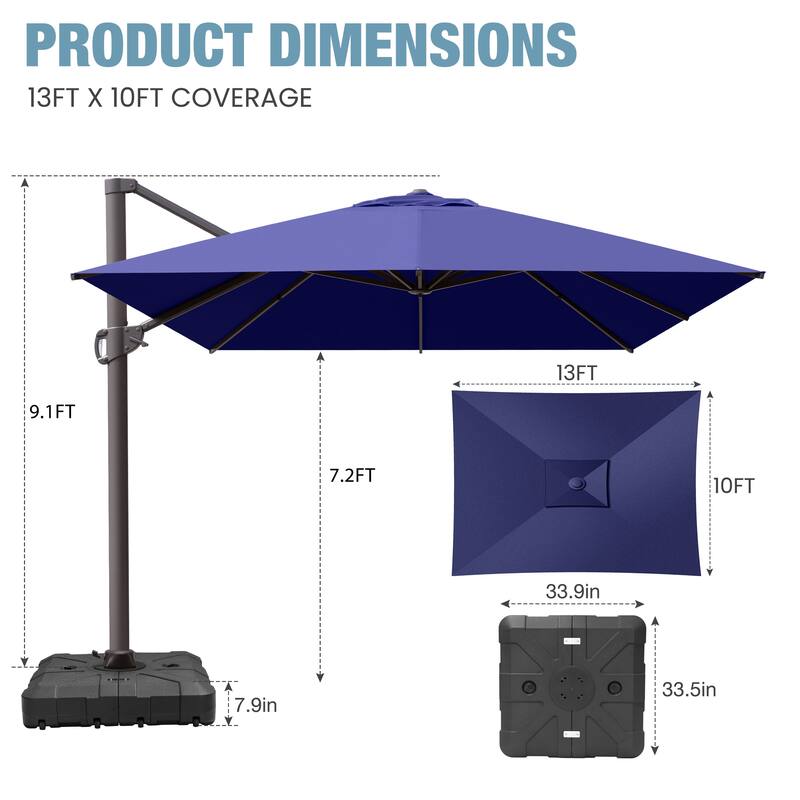 VredHom 10X13 FT Patio Outdoor Cantilever-Offset Umbrella with Base Stand