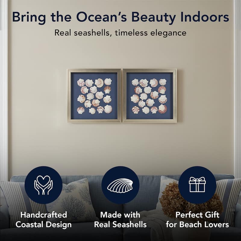 American Art Decor 2-Piece Coastal Seashell & Sea Glass Shadowbox Framed Wall Art Set