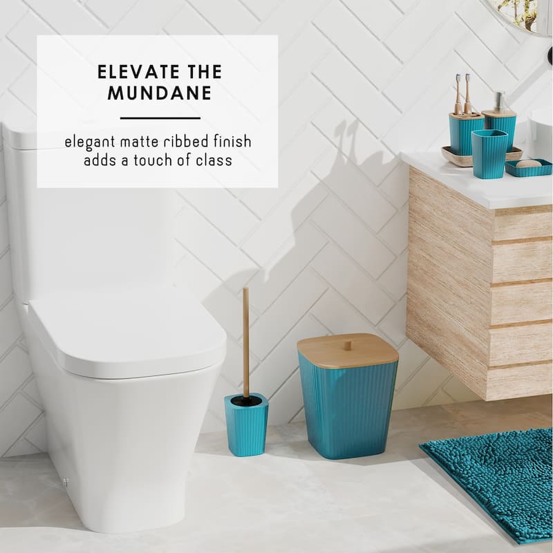 Empyrean Bamboo Bathroom Accessories Set with Shower Curtain Set, Toilet Brush, Trash Can & Soap Dispenser