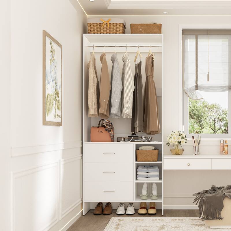 Cimly 30'' W Freestanding Closet Sytem with Hanging Rod, Closet Organizer with Drawers and Shelves