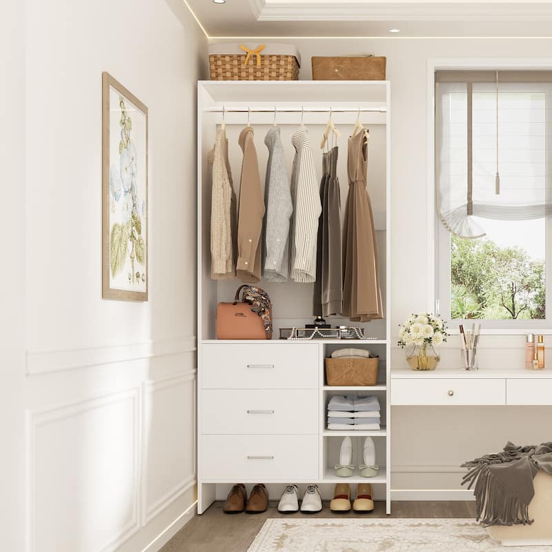 Cimly 30'' W Freestanding Closet Sytem with Hanging Rod, Closet Organizer with Drawers and Shelves - 1pc - White