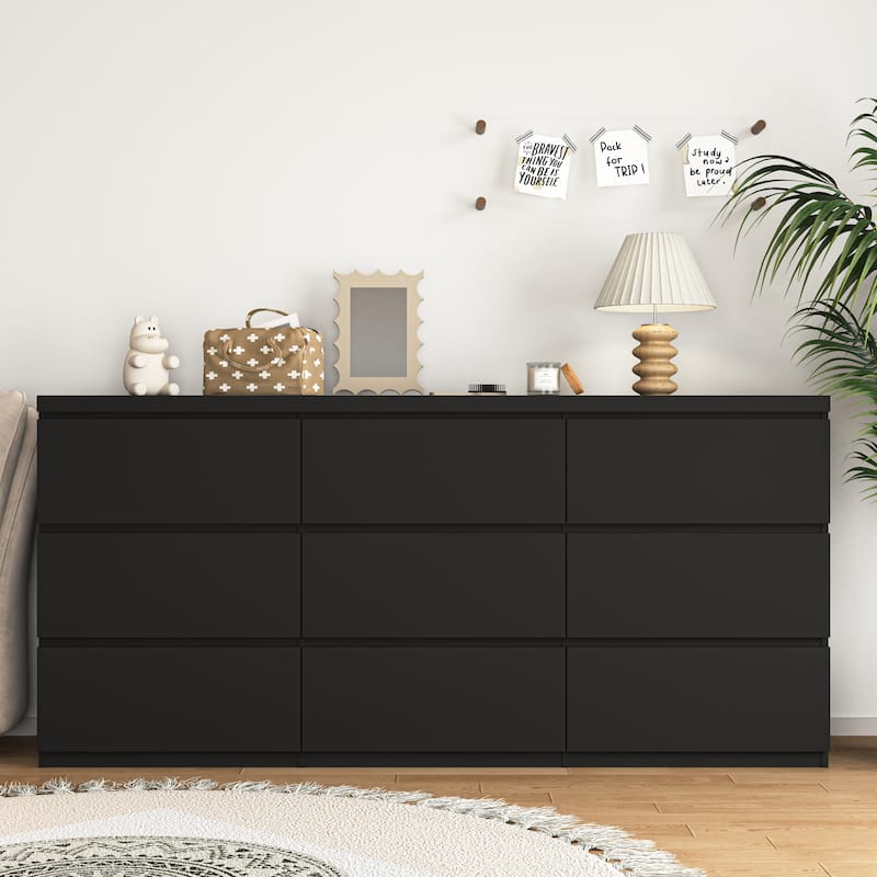 9-Drawer Cabinet for Bedroom, Wide Modern Chest of Drawers with No Handles Design for Living Room & Entryway - Black