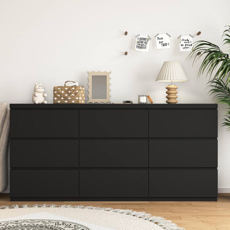 Modern Chest of Drawers with 9 Drawers, Wooden Dresser Clothes Organizer Drawers Cabinet for Living Room Bedroom Hallway - Black - 9-drawer