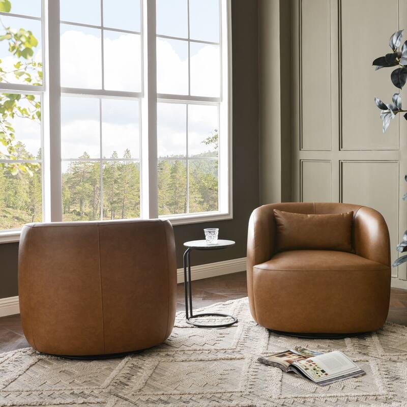 KINWELL 34" Wide Swivel Faux Leather Barrel Armchair Upholstered PU Leather Accent Chairs for Living Room Office Lounge