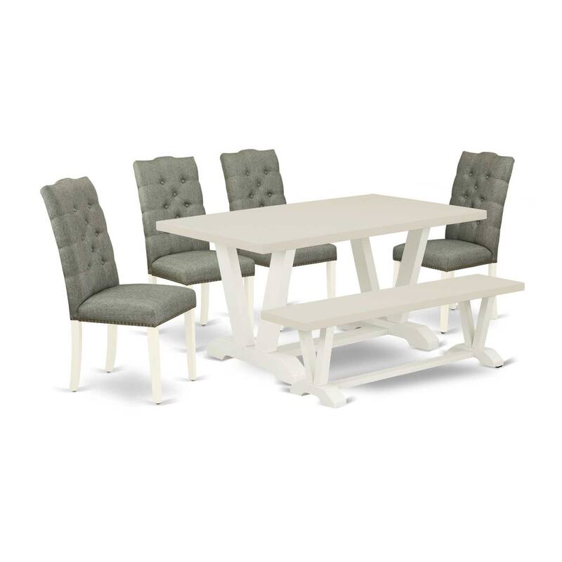 HomeStock 6-Pc Rectangle Natural Oak Finish Solid Wood Top Dining Table with 1-Bench, 4-Chairs