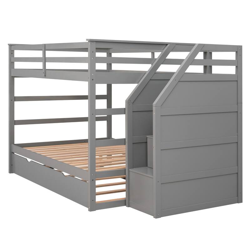 Bunk Bed with Trundle with Safety Guardrail and 3 Storage Stairs, Triple Bunk Multifunctional Space-Saving Solution for Bedroom