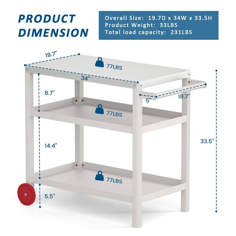 Outdoor HDPE Material Prep Rilling Grill Cart - Frosted Surface, High Load Capacity, Portable & Durable 3-Tier BBQ Cart