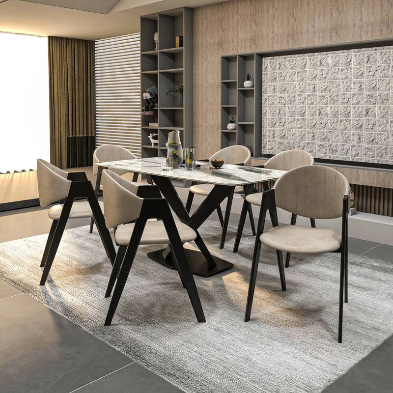 LeisureMod Mid-Century Modern Upholstered Dining Chair in Polyester with Curved Back and Iron Base for Home & Kitchen