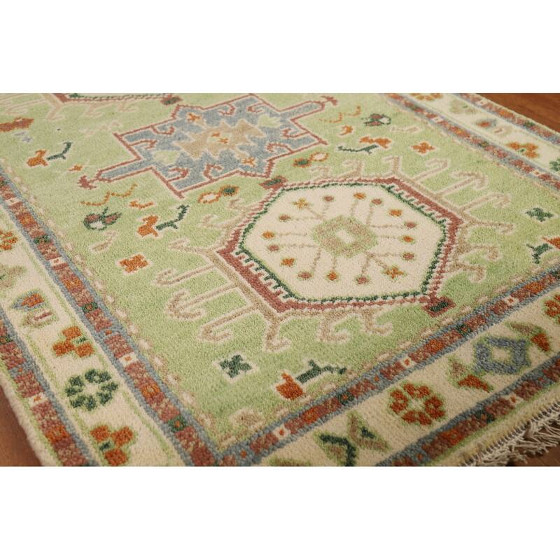 Light Green Geometric Khotan Indian Foyer Rug Hand-Knotted Wool Carpet - 2'11"x 5'0"