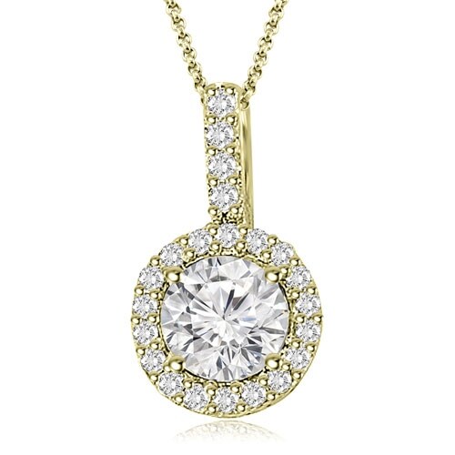 1.15 cttw. 14K Yellow Gold Halo Round Diamond Pendant - White H-I