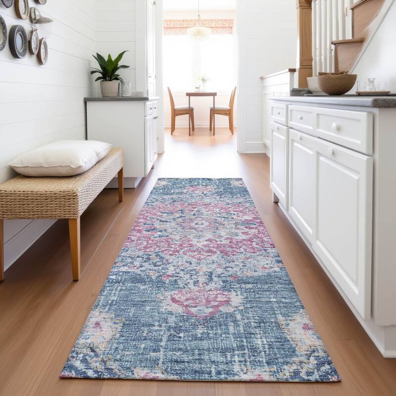 Premium Washable Super Soft Vintage Traditional Mayfield Rug - Blue - 2'3" x 7'6"