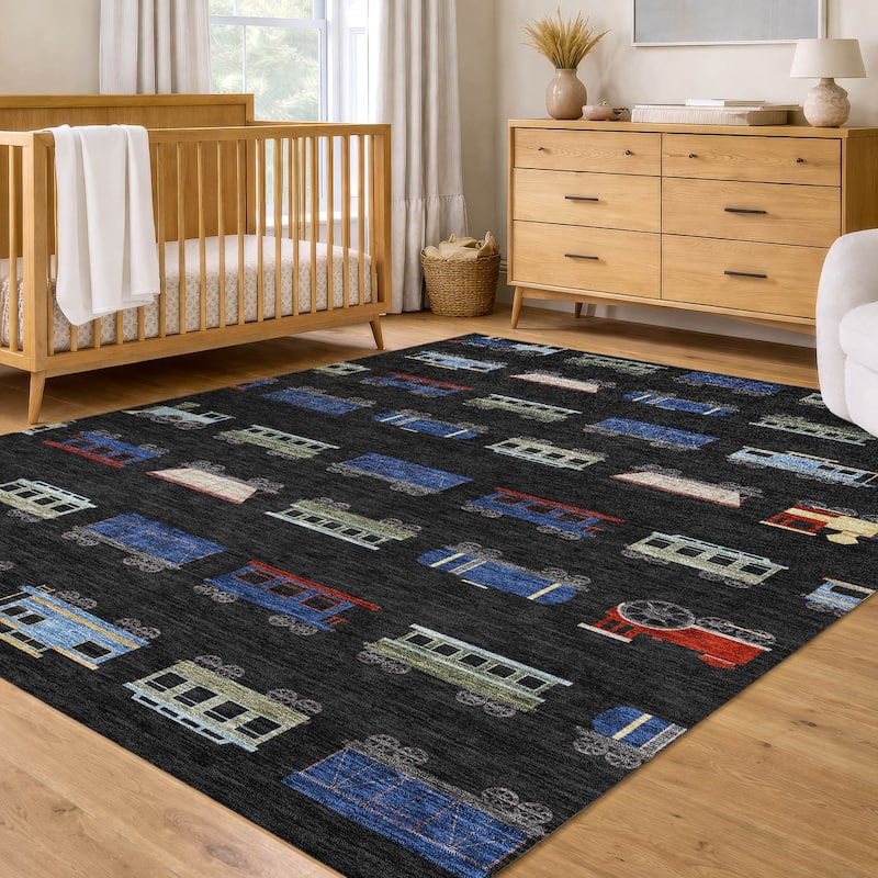 Machine Washable Indoor/ Outdoor Modern Train Chantille Rug