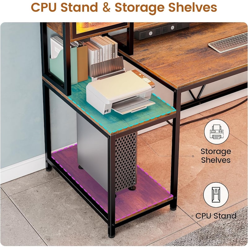 Gaming Desk LED Lights Hutch and Storage Shelves Glass Display Cabinet