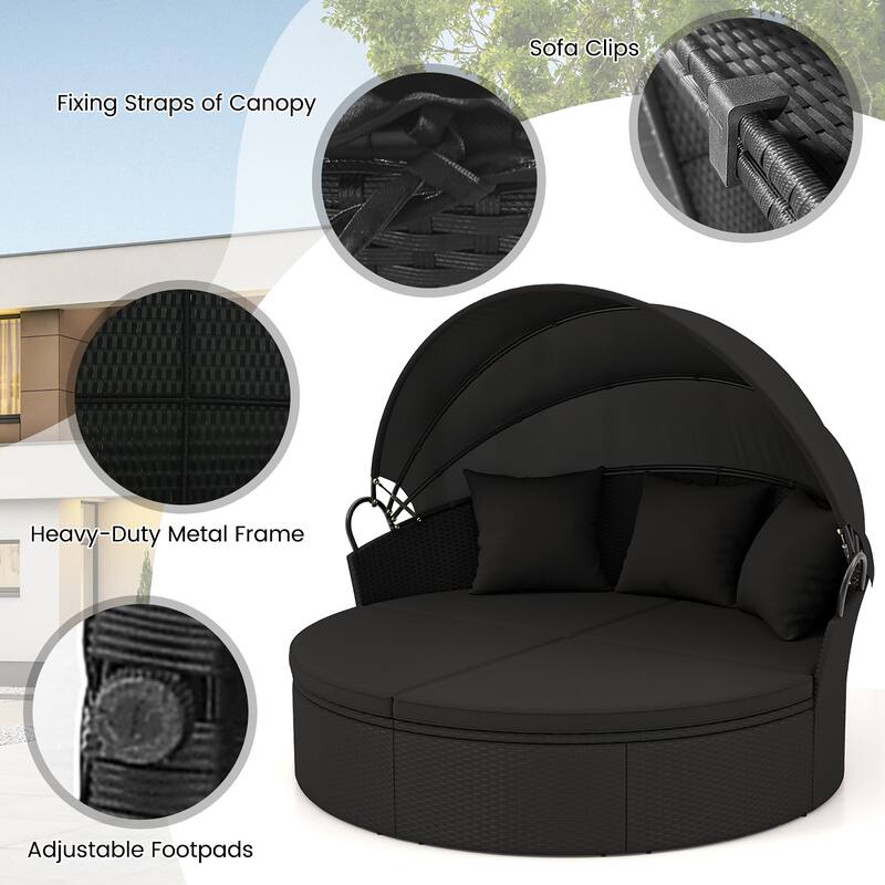 Gymax Patio Round Daybed Wicker Daybed w/ Retractable Canopy Separated