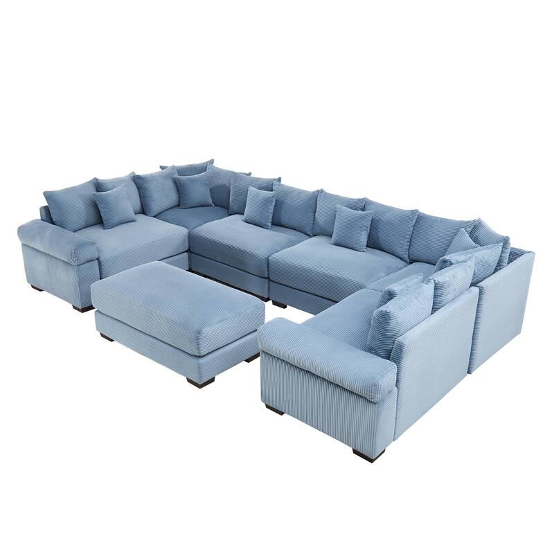 GDFStudio - Corduroy U-Shaped 6-Seater 137.7" Cloud Modular Sectional Couch with Ottoman