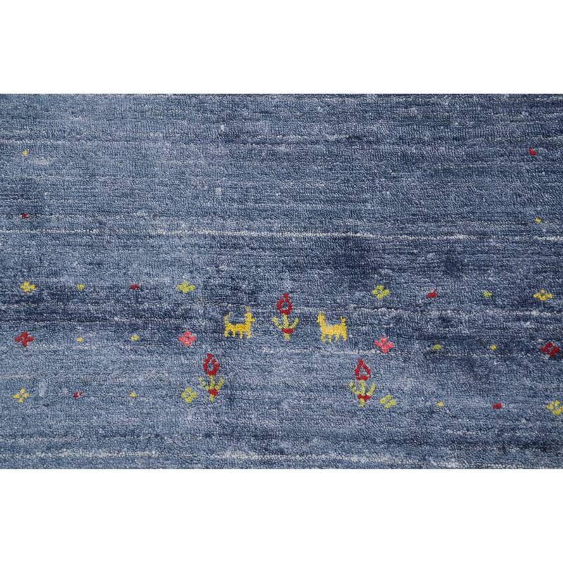 Hand Knotted Oriental Viscose Silk Carpet Tribal Animal Pictorial Navy Blue & Blues Gabbeh Runner Rug - 10' 4'' X 3' 9''