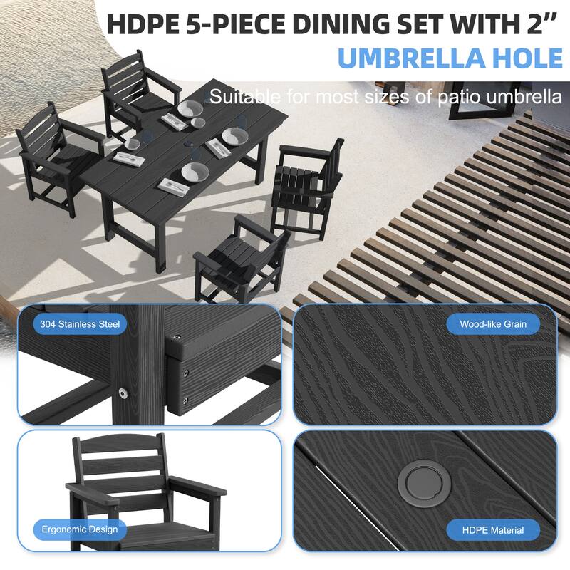 5-Piece HDPE Outdoor Dining Table Sets with Umbrella Hole - 1-Table 4-Chairs