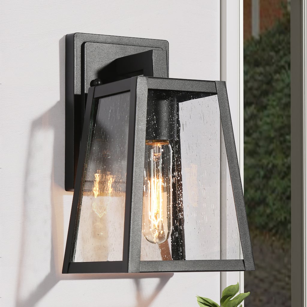 Bern Modern 1-Light Black Outdoor Wall Sconce Seeded Glass Wall Lamp Lights - L 5.5"x W 6.5"x H 10"