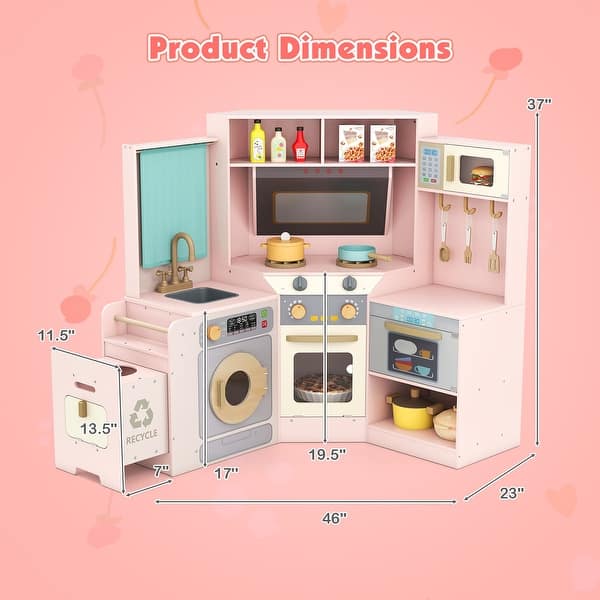 dimension image slide 0 of 3, Gymax Corner Kitchen w/ Lights & Sounds Interactive Wooden Playset for