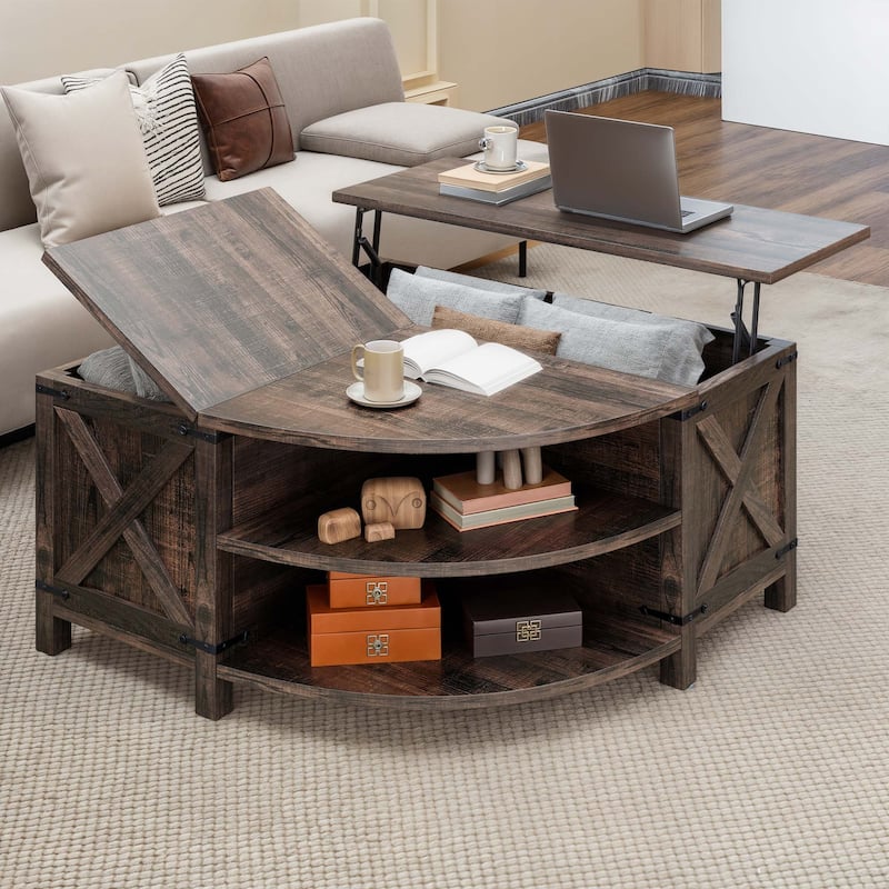 Moasis Farmhouse Lift Top Coffee Table with Hidden Storage and Shelves for Living Room