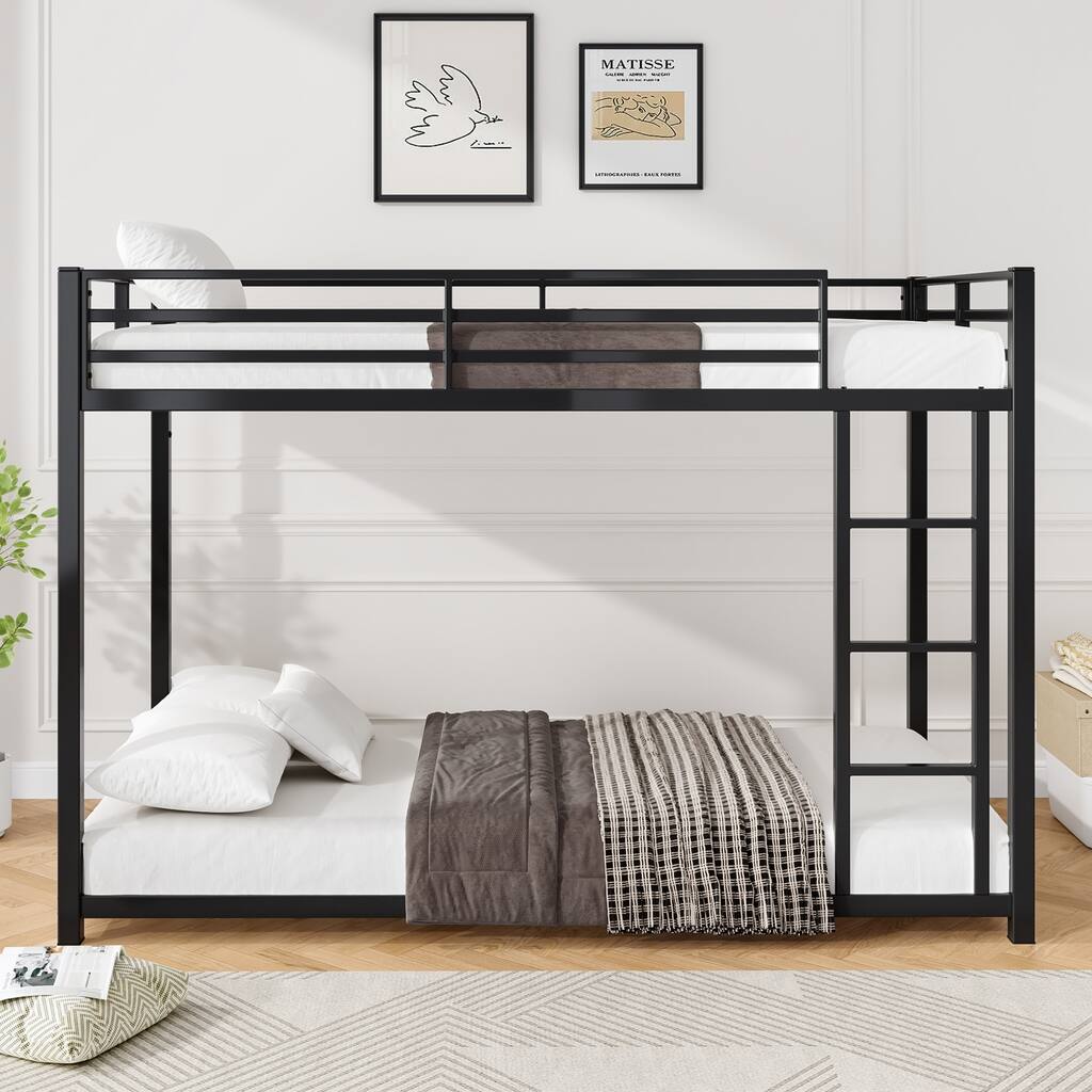 Heavy Duty Metal Twin Size Bunk Bed Frame, Twin over Twin Low Bunk Bed with Full Length Guardrails, No Box Spring Needed