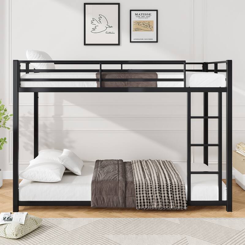 Twin Over Twin Metal Bunk Bed, Low Bunk Bed with Ladder, Black, Sturdy Steel Construction, Safe Design, Easy Assembly