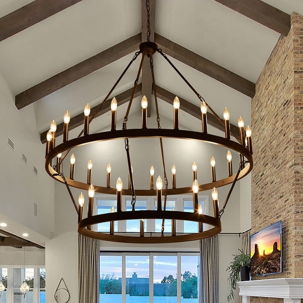 Large Wagon Wheel Chandelier 2 Tier 36 Lights High Ceiling Chandelier 48x48x88in