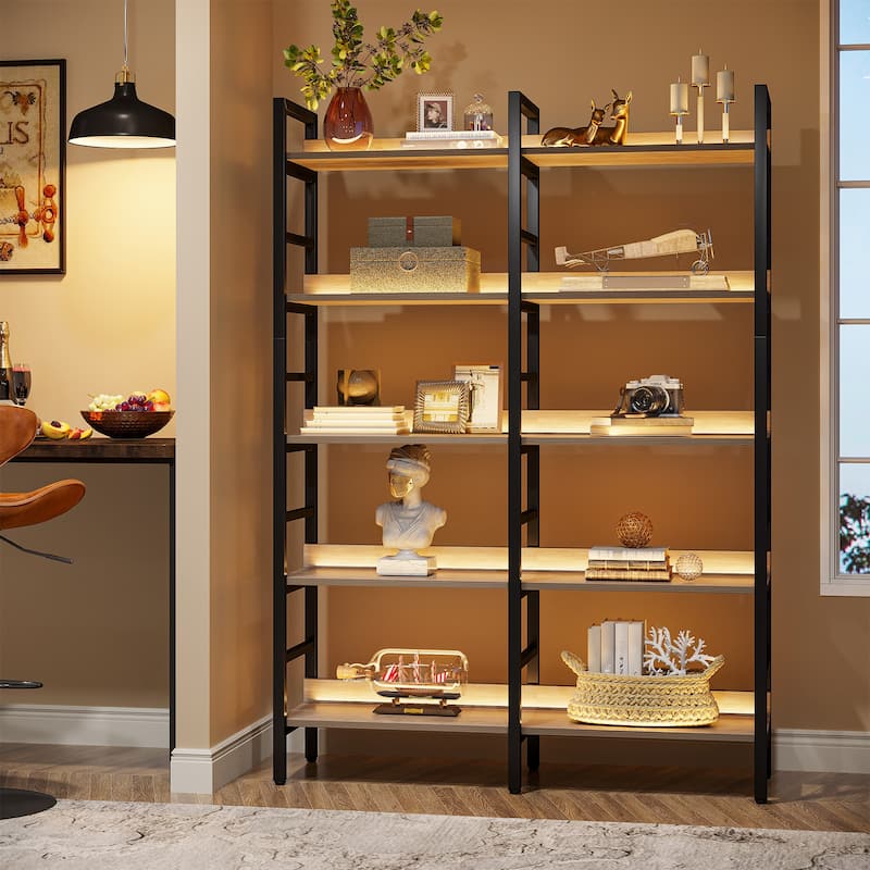 5-Tier Industrial Bookshelf, 71"H x 47"W Etagere Bookcase Free Standing Wide Book Shelf, Rustic Brown