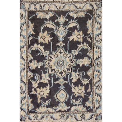 Navy Blue Floral Nain Persian Vintage Area Rug Handmade Wool Carpet - 1'10"x 2'8"