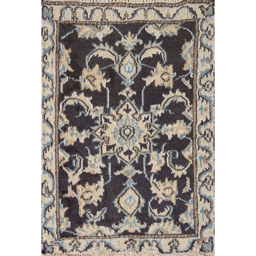 Navy Blue Floral Nain Persian Vintage Area Rug Handmade Wool Carpet - 1'10"x 2'8"