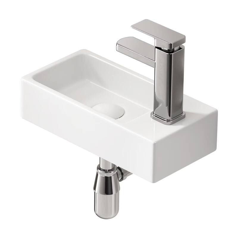 Wall-Mounted Ceramic Bathroom Sink with Silver Color Faucet & Drain