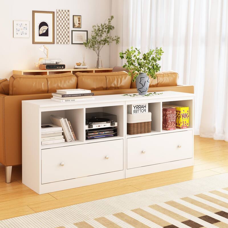 Modern White Storage Cabinet with Open Shelf and Drawer - Kids Playroom and Home Office Organizer