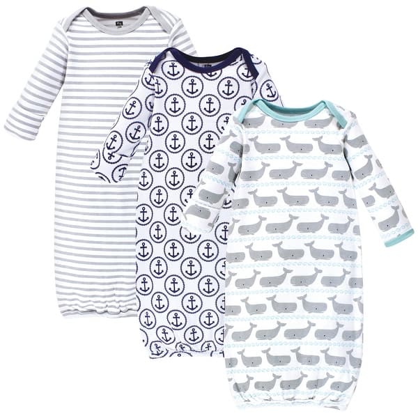 slide 1 of 1, Hudson Baby Infant Boy Cotton Long-Sleeve Gowns 3pk, Whales Anchor 0-6 Months - Whales Anchor