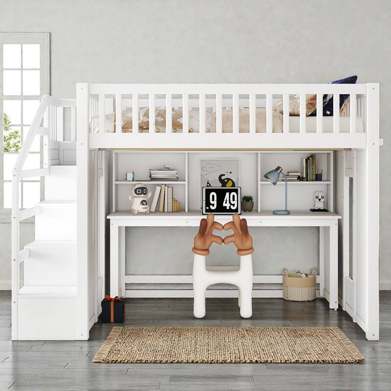 Loft Bed with Movable Desk, Storage Stairs & Shelves, Solid Wood Twin/Full High Loft Bed with Study Area & Safety Guardrails