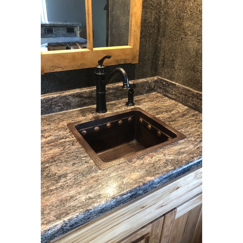 16-in Gourmet Rectangular Hammered Copper Bar/Prep Sink w/ Barrel Strap Design (BREC16DBBS)